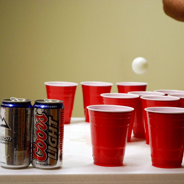 Beer pong, Red, Party supply, Drinking game, Cup, Tin can, Drink, Aluminum can, Plastic, Old fashioned glass, 