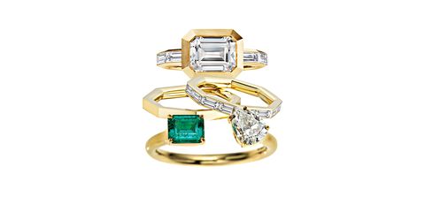 <p>Clean lines are punctuated by and emerald and an asymmetrically set diamond.</p><p> <em data-redactor-tag="em" data-verified="redactor">From top: David Yurman ring (price on request), DavidYurman.com; Finn Bands ($8,900 and $1,650), FinnJewelry.com; Jemma Wynne Ring ($7,350), Bergdorf Goodman, 212-872-2518</em><br></p>