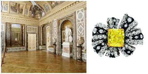 <p>Baroque style and an abundance of arch curves properly celebrate the goddess of beauty.</p><p><em data-redactor-tag="em"><strong data-redactor-tag="strong">Dior "Salon de Venus Diamant Jaune" diamond and yellow diamond ring</strong></em></p>