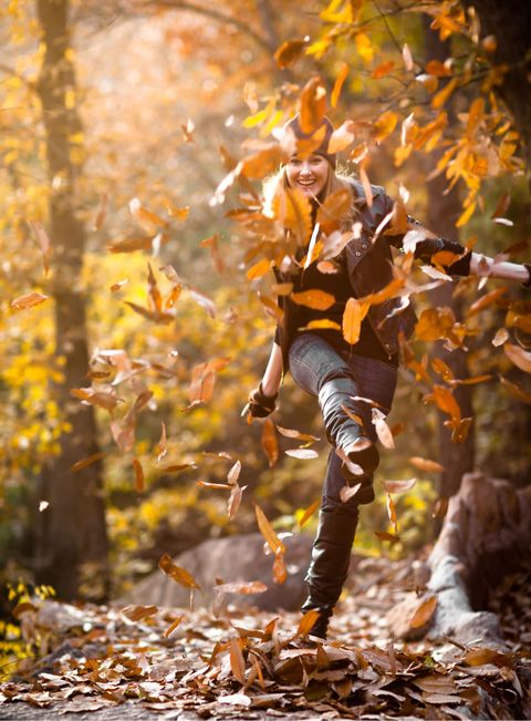 Deciduous, Leaf, Jeans, Autumn, People in nature, Amber, Orange, Forest, Sunlight, Twig, 