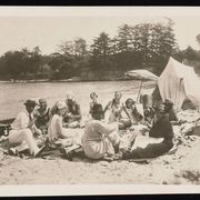 Photograph, Tent, People in nature, Vintage clothing, Tints and shades, Photography, Beach, Shore, Boats and boating--Equipment and supplies, Camping, 
