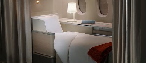 Interior design, Room, Property, Textile, Linens, Bedding, Aircraft cabin, Airline, Bed, Bed sheet, 