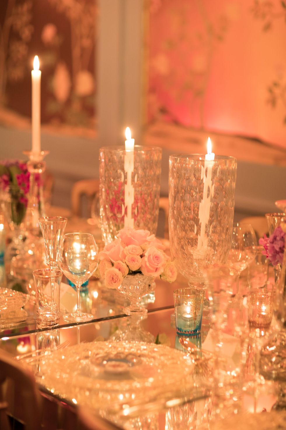 Lighting, Glass, Drinkware, Candle, Pink, Candle holder, Barware, Stemware, Centrepiece, Tablecloth, 