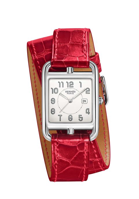 Product, Watch, Analog watch, Red, Watch accessory, Glass, Font, Technology, Gadget, Maroon, 