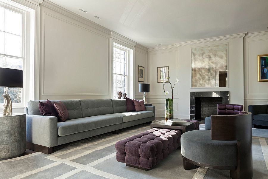 Living room, Furniture, Room, Interior design, Property, Couch, Floor, Building, Purple, Wall, 