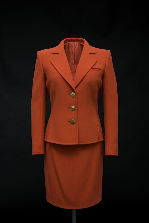 Coat, Collar, Sleeve, Standing, Outerwear, Dress shirt, Formal wear, Orange, Uniform, Blazer, 