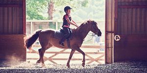 Child horse riding in a sunlit barn