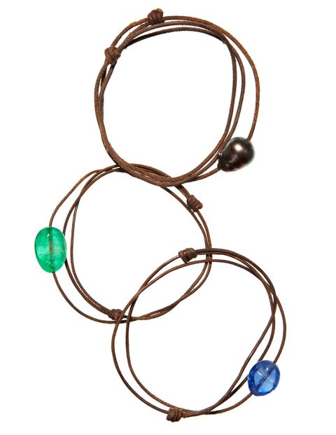 Prince Dimitri of Yugoslavia strings leather cords with rare gemstones for friends like Carolina Herrera, who wears them in multiples ($500 for amethyst; $10,000 for sapphire) 646-747-2526.