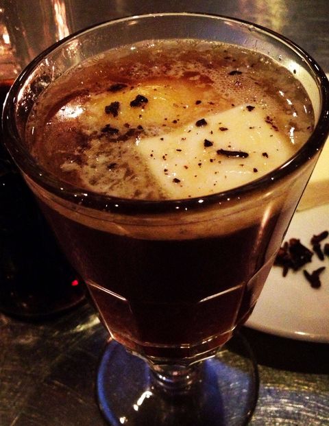 <p>Perfect for a weekend at the ski chalet, the Hot Buttered Rum from <a title="Comme Ca" href="http://www.commecarestaurant.com/">Comme Ca</a> in West Hollywood, CA. </p>
<p>Ingredients</p>
<p>.75 oz honey</p>
<p>1.5 oz Cruzan Black Strap rum</p>
<p>Hot water</p>
<p>1. Put all ingredients into a glass. </p>
<p>2. Top with pad of butter and fresh ground nutmeg.</p>
