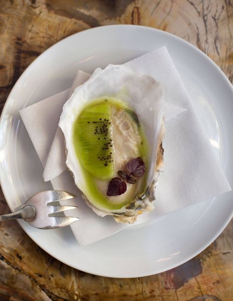 Bouley sends out a single Pemaquid oyster with a thin slice of kiwi, a raw opener that primes the palate for the coming sequence.