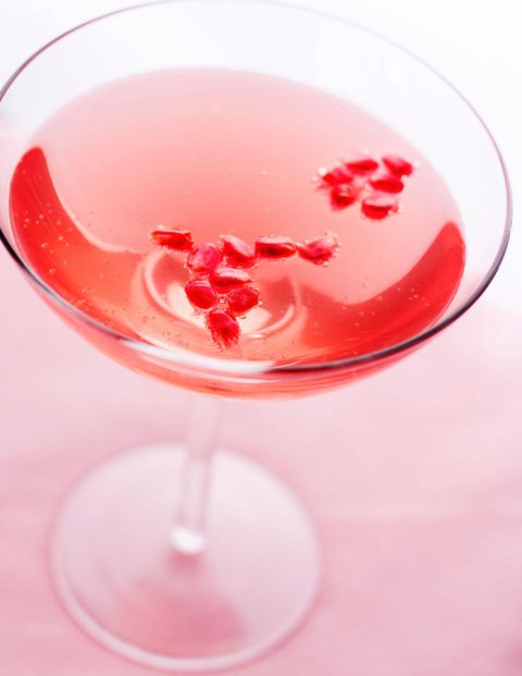 Ingredients (per cocktail):5 pomegranate seeds1 ounce pomegranate liqueur4 ounces of chilled ChampagneDirections:1.) Add pomegrantate seed to glass.2.) Add liqueur, and pour in champagne.via Redbook.com