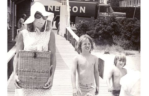 Ethel Kennedy & children after a day of sailing in Hyannis Port at Kennedy Compound Pier.