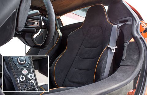 The interior is intimate—the two seats are positioned close together to bring both passengers toward the center of gravity for balance and speed. But the big improvement in this new McLaren has come at either end of the performance spectrum. Two knobs on the center console offer three options—normal, sport, and track modes—in both performance and handling (i.e., engine and suspension). In so called normal mode, the 650S feels quite cushioned, quiet, and luxurious. You could comfortably make use of the cup holders that McLaren has provided in a concession to the American market. At the other end, in full track mode, the 650S feels like a true race car. "It'll get your attention," as one understated racer put it, with features like a wind spoiler that flips up at speeds over 70 and something called "brake steer"—a bit of engineering that was quickly outlawed in F1 but is still available to McLaren customers—that provides individual braking on selective wheels to bring the car in and out of a curve faster.  