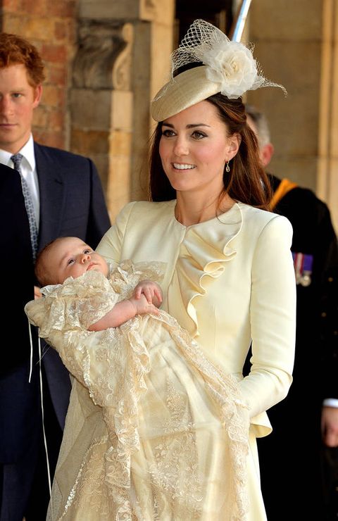 <p>Kate Middleton opted for an Alexander McQueen skirt suit and Jane Taylor Hat at Prince George's christening, which complimented his cream gown.</p>