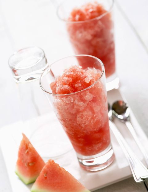 Ingredients:    •    4 cup(s) half-inch-cubed seedless watermelon    •    1/2 cup(s) sugar    •    2 tablespoon(s) lime juiceDirections:    1.    Purée all ingredients in a blender. Pour into a 9- by 13-inch dish and place in the freezer. Stir with a fork every 30 minutes until mixture is slushy (up to 2 1/2 hours).via delish.com 