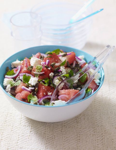 Ingredients:2 tablespoon(s) olive oil                                                                                              1 tablespoon(s) white wine vinegar1 tablespoon(s) fresh lime juiceKosher salt and pepper1/4 small red onion, thinly sliced1 piece(s) (1-lb) seedless watermelon1/2 seedless cucumber, sliced into half moons3 cup(s) baby arugula3 ounce(s) (about 3/4 cup) feta cheese, crumbledDirections1. In a large bowl, whisk together the oil, vinegar, lime juice, and 1/4 tsp each salt and pepper. Add the onion and let sit, tossing occasionally, for 10 minutes. 2. Meanwhile, remove and discard the watermelon rind. Cut the watermelon into thin 2-in. pieces.3. Add the watermelon, cucumber and arugula to the bowl of onions and gently toss to combine. Top with the feta.via Delish.com