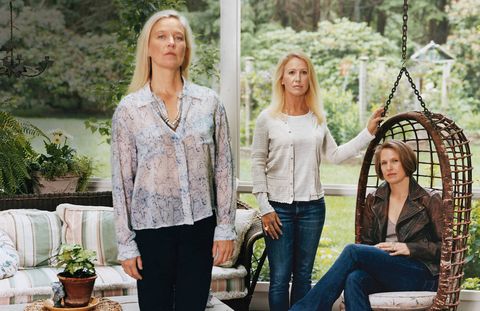 The daughters of Paul Newman and Joanne Woodward — from left, Nell Newman, Clea Newman Soderlund, and Lissy Newman — at their family home in Westport, Connecticut.Nell wears her own shirt and pants and a Robert Lee Morris necklace. Clea wears her own sweater and pants and a J. Crew T-shirt ($37). Lissy wears a Ralph Lauren Blue Label jacket ($1,298), Brunello Cucinelli blouse ($625), and her own pants and boots.
