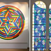 Stained glass, Glass, Colorfulness, Art, Majorelle blue, Fixture, Visual arts, Rectangle, Circle, Symmetry, 
