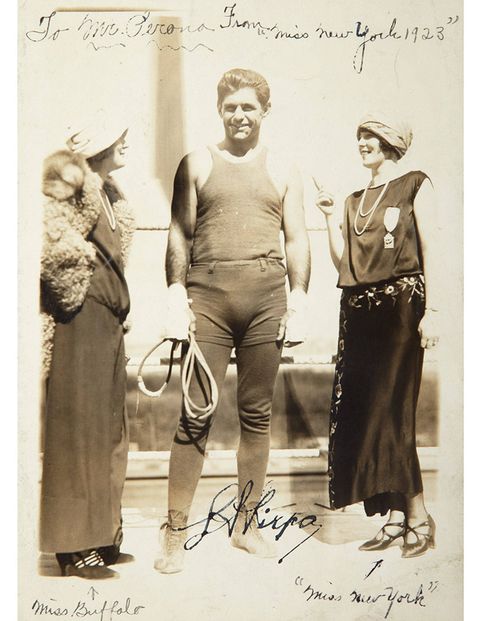 "Perona had pretty good relationships with some of the prominent boxers and other athletes of the time period, especially Luis Firpo, the heavyweight who fought Jack Dempsey in what's considered the greatest boxing match of 1923," Costanzo says. "The reason the fight was so famous is that in the first round Firpo hit Dempsey out of the ring in and Dempsey hit his head on a sportswriter's typewriter, rendering him nearly unconscious. But in those days boxers had 20 seconds to get back in the ring and Dempsey got back in and beat Firpo in a second round knockout. It's been called the best two minutes in boxing history.""His autograph is pretty rare and these are from around the time of the boxing match." The ephemera in the lot includes a newspaper clipping from the day following the fight with the headline, "Dempsey Most Terrific Fight in History: Firpo Tangoes and Joins Revel Until Two O'Clock After Fight." (He was partying at El Morocco.)Estimate: $300-500Lot 720