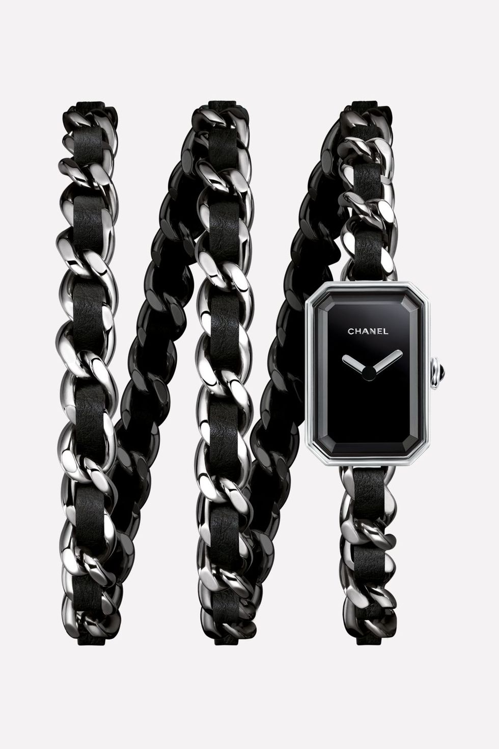 Chanel Première Rock Watch Steel and Black Leather Triple Row Bracelet