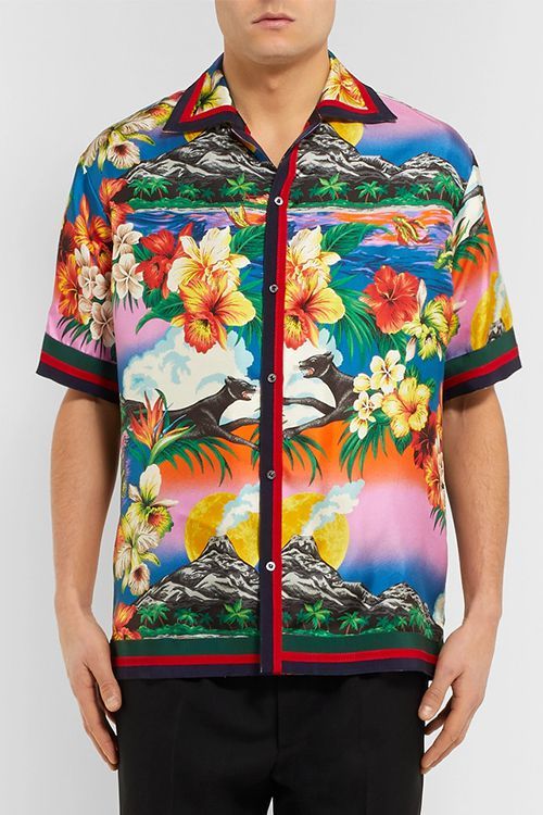 Gucci Camp-Collar Grosgrain-Trimmed Floral-Print Silk Satin Twill Shirt
