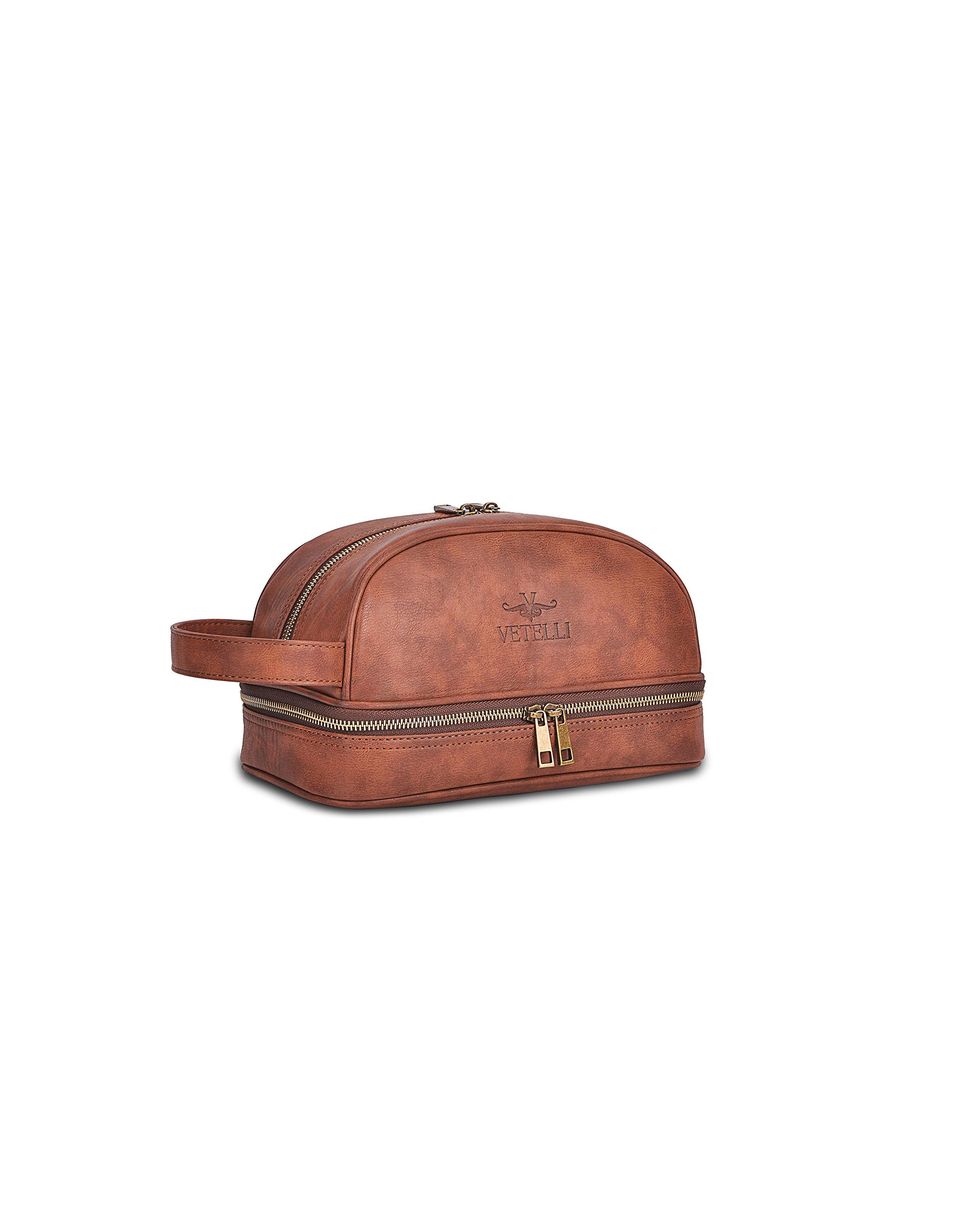 Vetelli Leather Toiletry Bag With Travel Bottles.