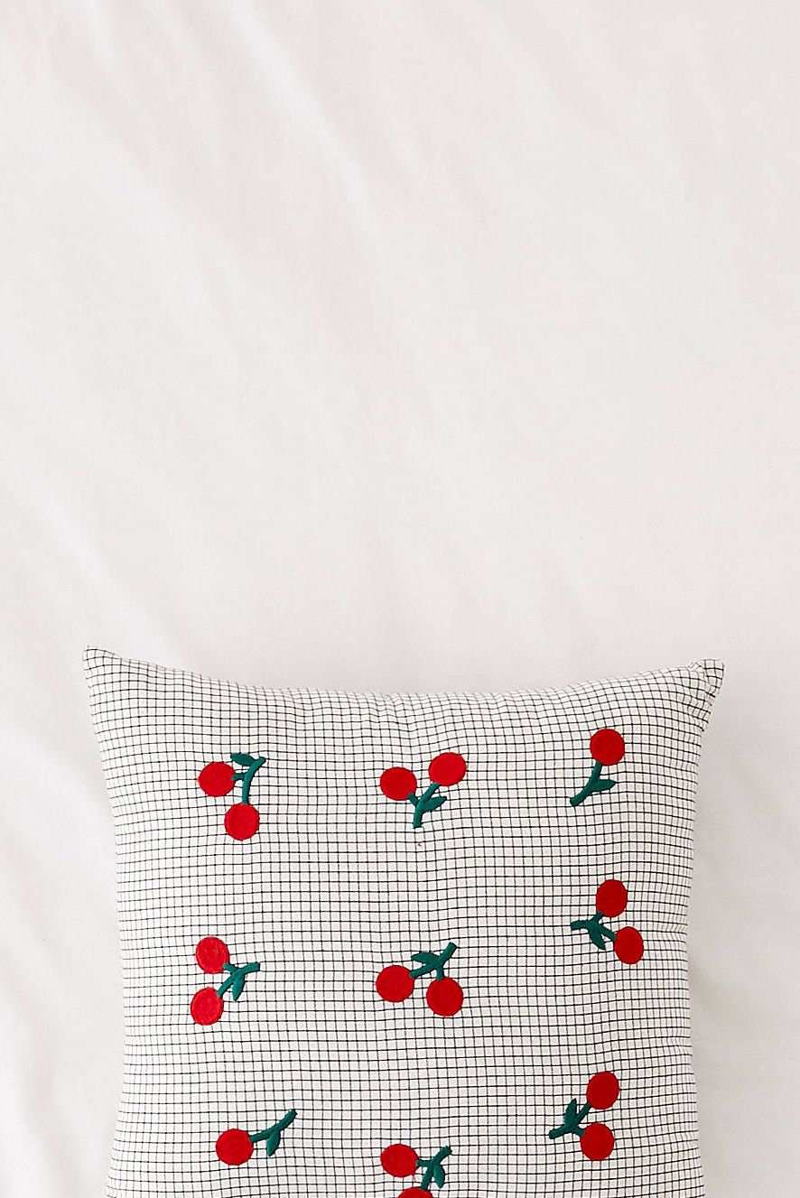 Embroidered Cherry Microcheck Throw Pillow