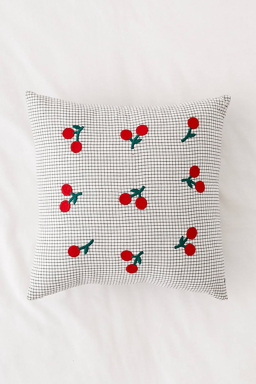 Embroidered Cherry Microcheck Throw Pillow