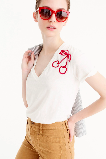 Cherry-Embroidered V-Neck T-Shirt