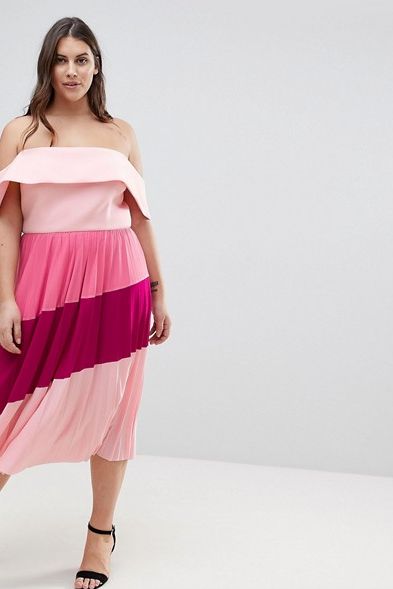 Scuba Bardot Color Block Pleated Midi Dress