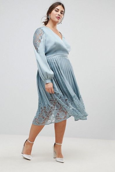 Wrap Front Midi Dress With Lace Pleated Skirt
