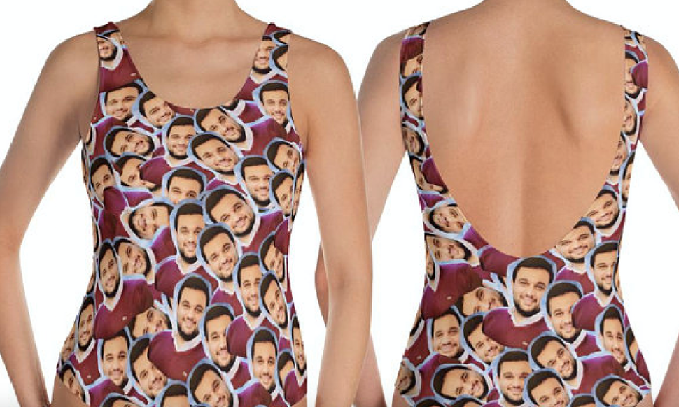 woman wears swimsuit with husbands face