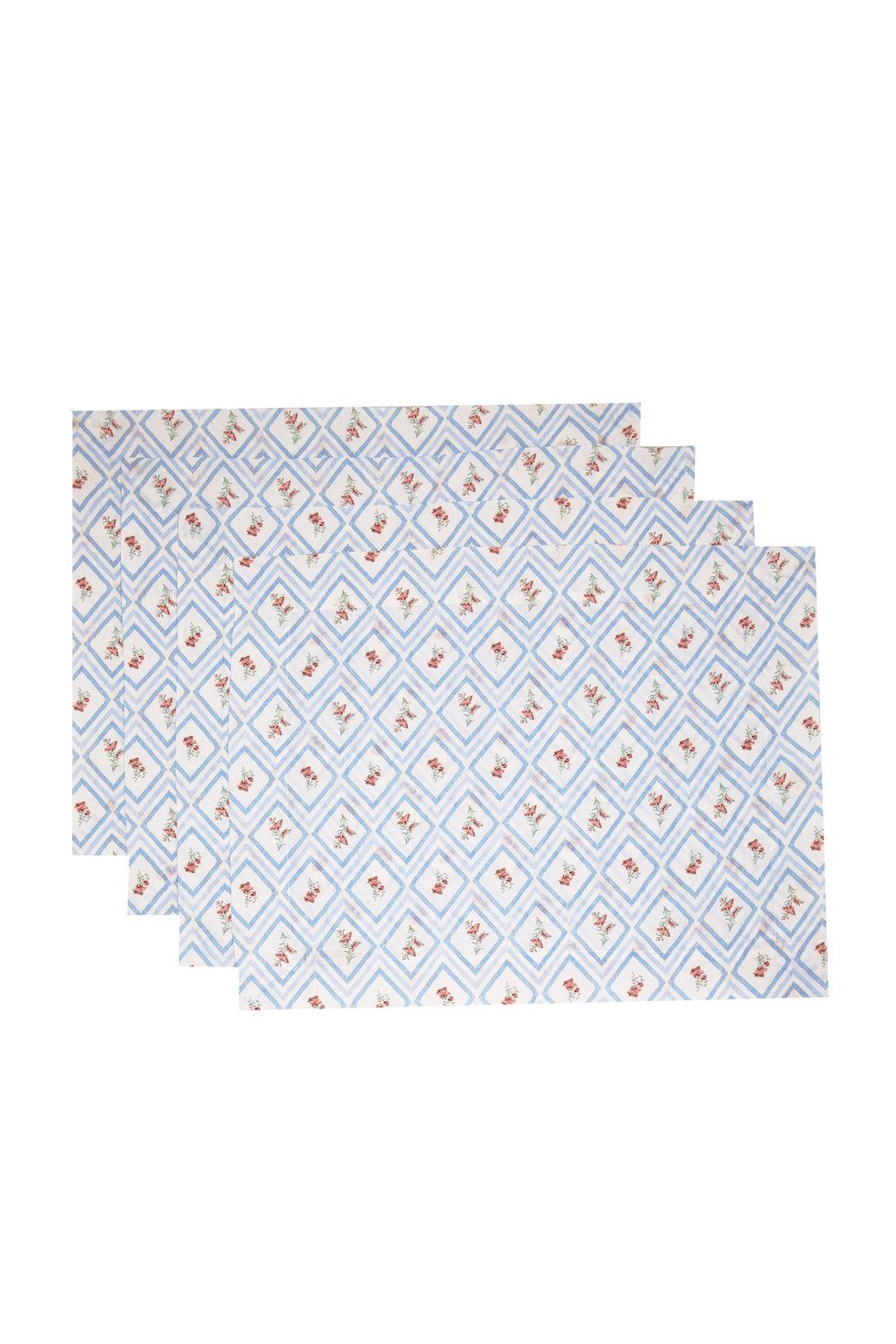 Set of Four Blue Diamond Printed Linen Placemat Set