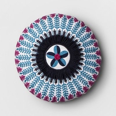 Blue Pom Embroidered Pillow
