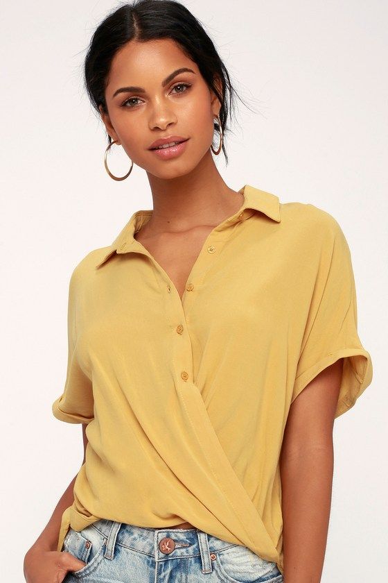 Addington Mustard Yellow Twisted High-Low Button-Up Top