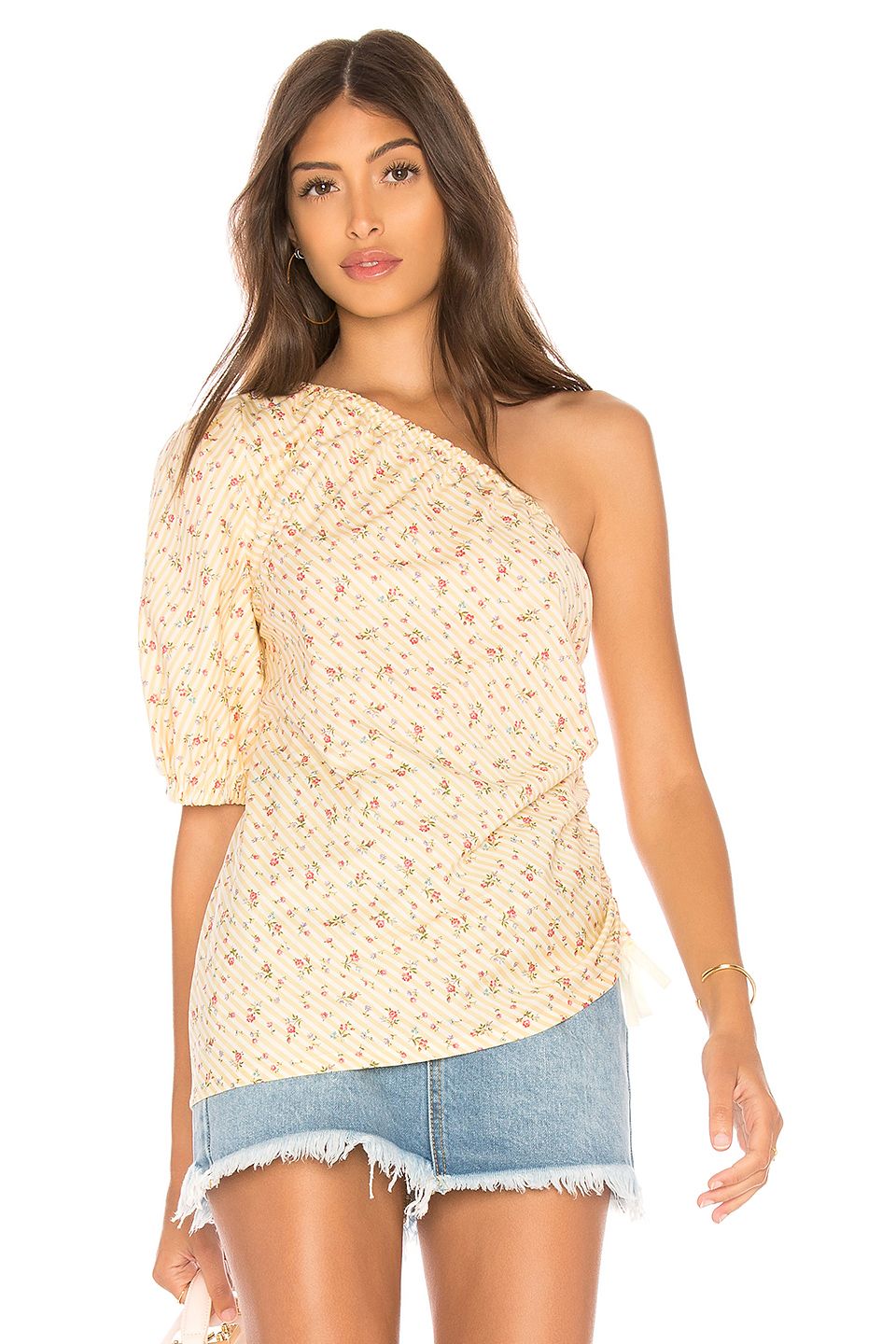 A Pale Yellow Asymmetrical Top With Side Ruching 