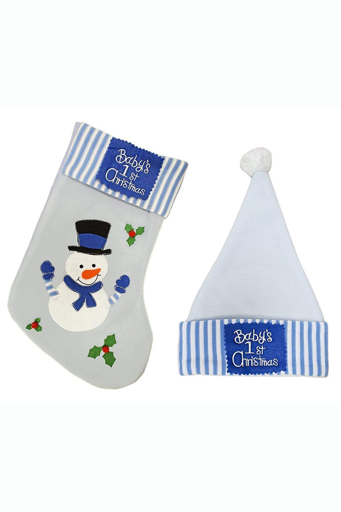 Baby Boy Blue Christmas Hat & Stocking Set Snowman Baby's 1st Christmas Felt 