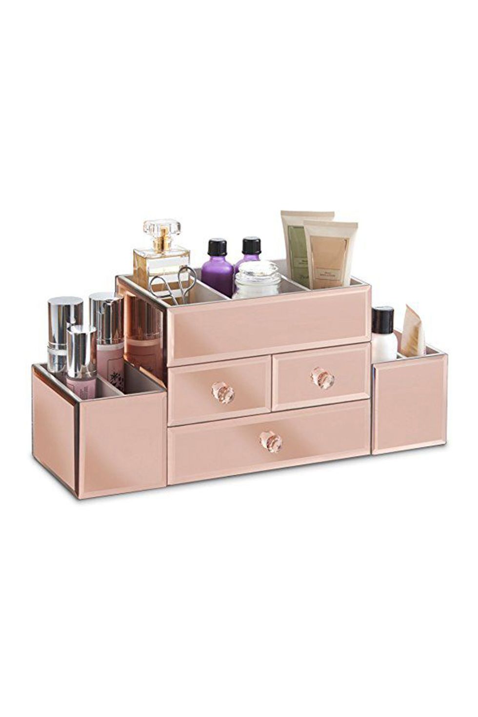 Beautify Large Mirrored Rose Gold Glass Jewelry Box & Cosmetic Makeup Organizer with 3 Drawers and 9 Sections