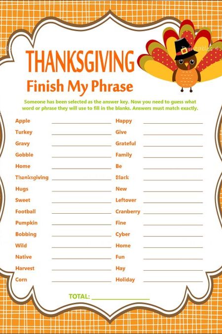 Thanksgiving Finish My Phrase Game