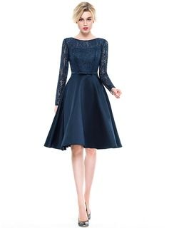 A-Line/Princess Scoop Neck Knee-Length Satin Lace Cocktail Dress With Bow(s)