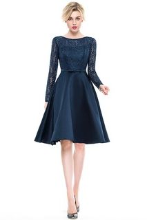 A-Line/Princess Scoop Neck Knee-Length Satin Lace Cocktail Dress With Bow(s)