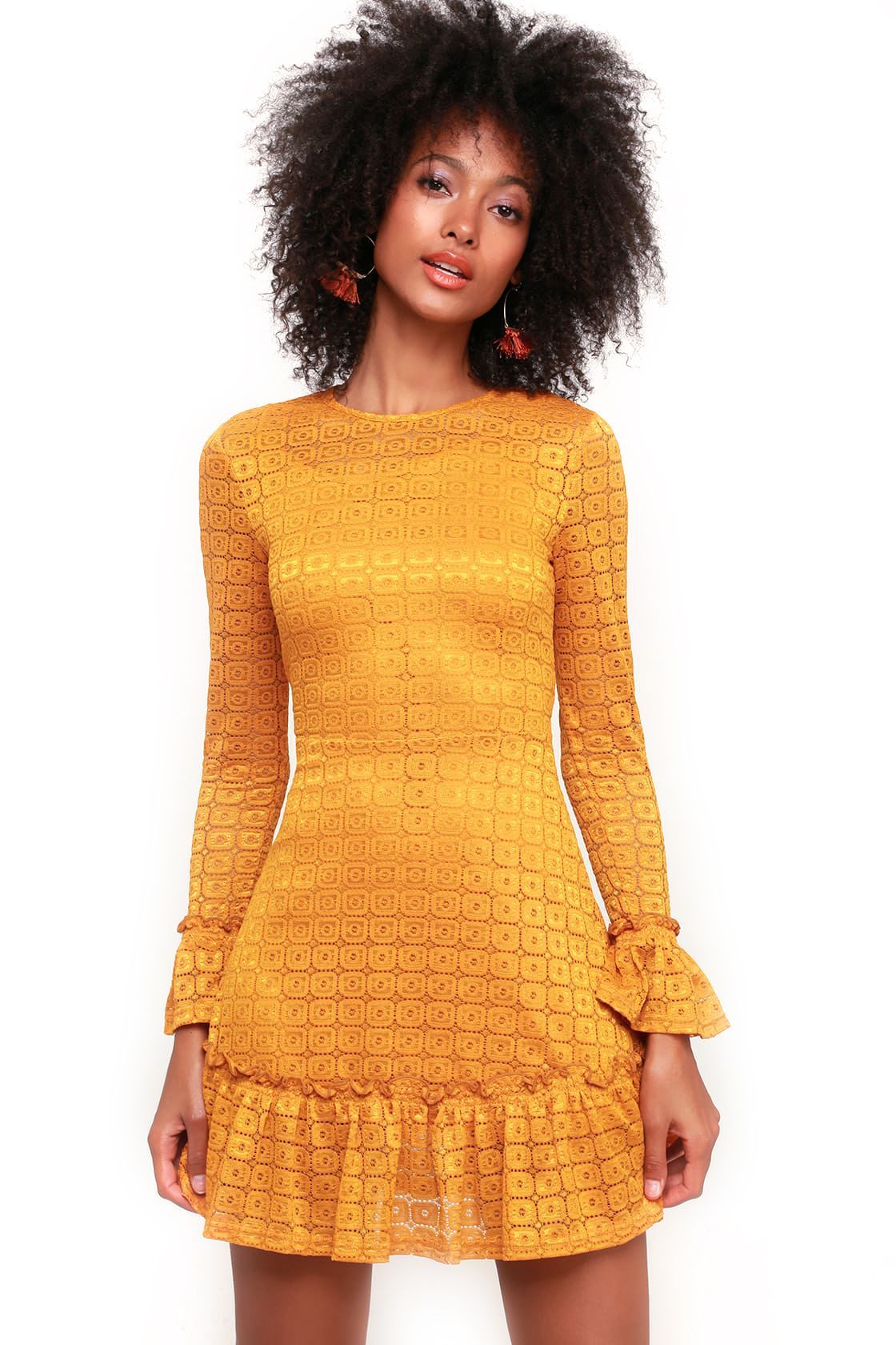 Mustard Lace Flounce Dress