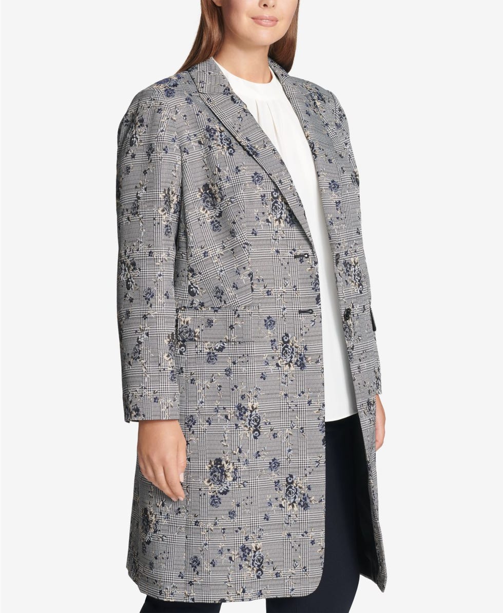Plus Size Floral-Printed Plaid Double-Breasted Jacket