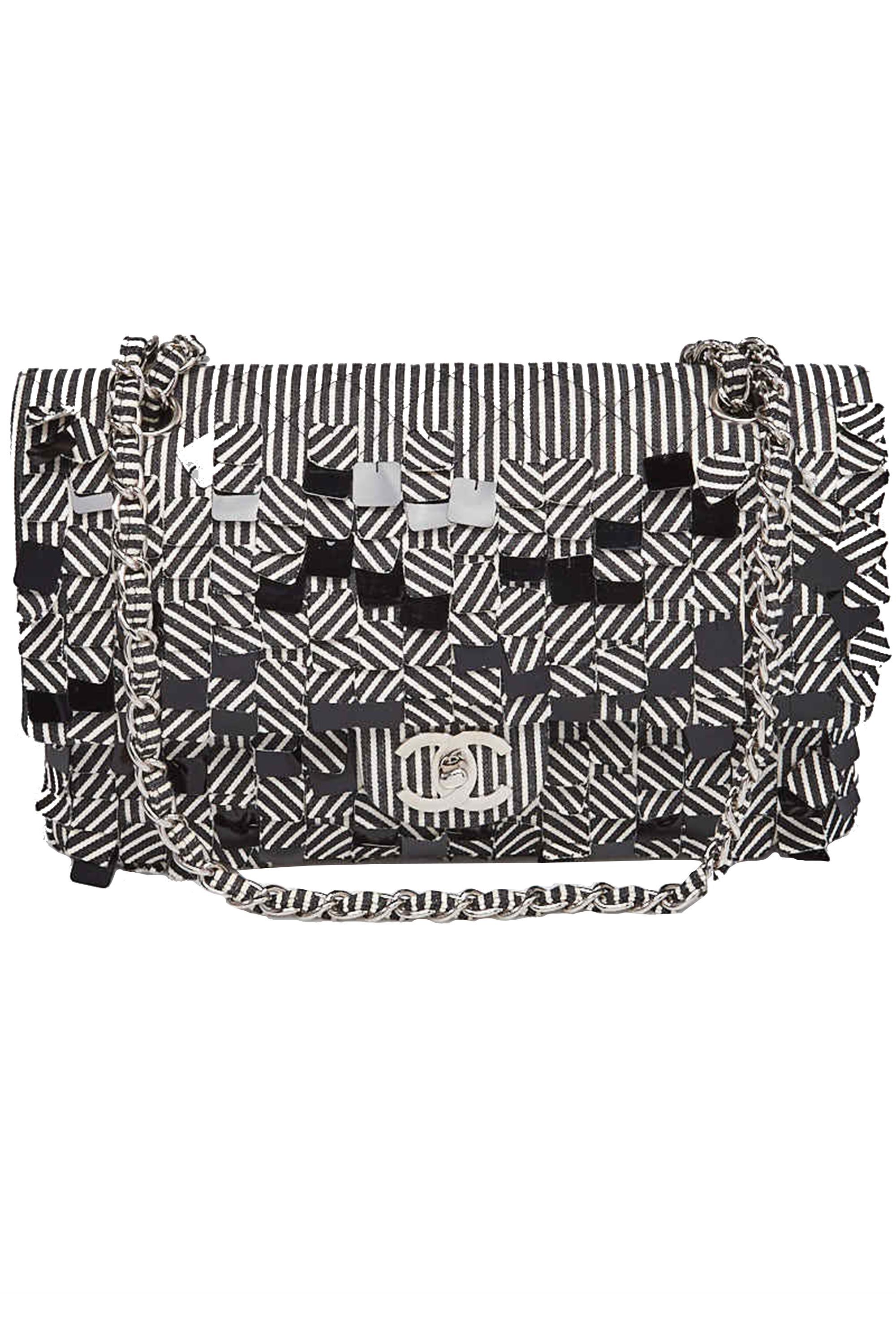 Black/White Striped Quilted Fabric and Sequin Medium Flap Bag