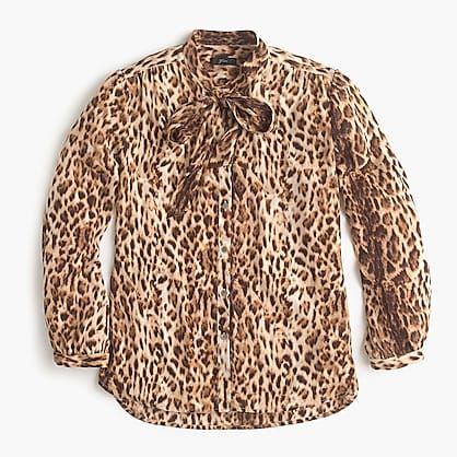 Tie-Neck Button-Up Shirt in Leopard