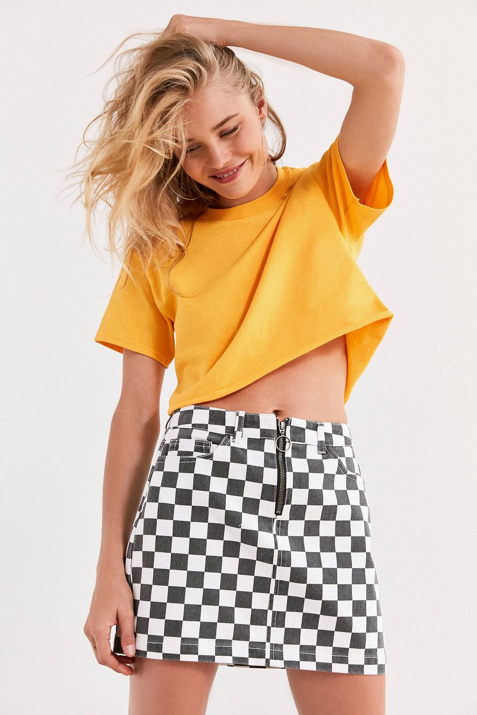 BDG Checkered Denim Zip Mini Skirt 