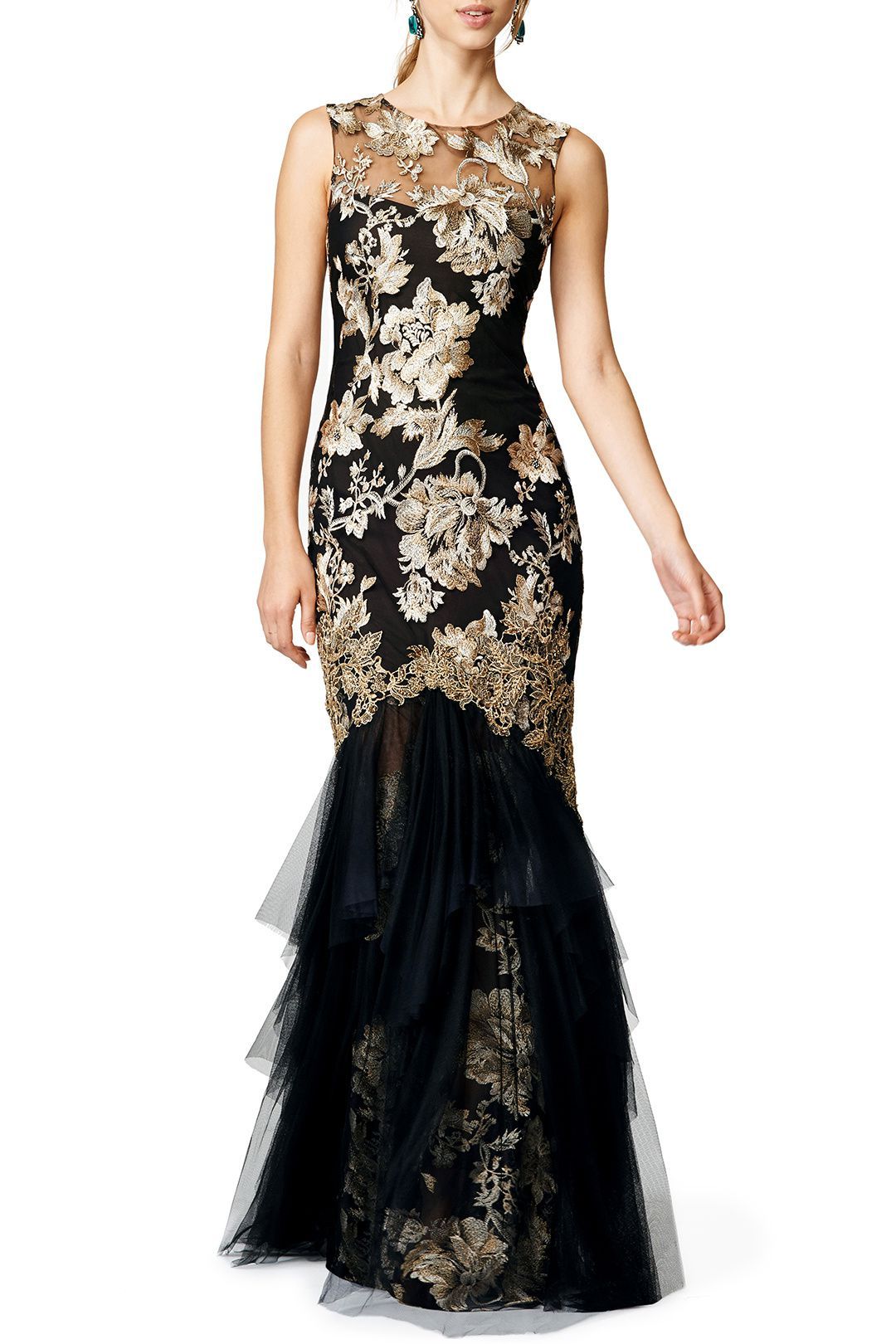 Embroidered Plunging Neck Navy Blue Evening Gown - Promfy
