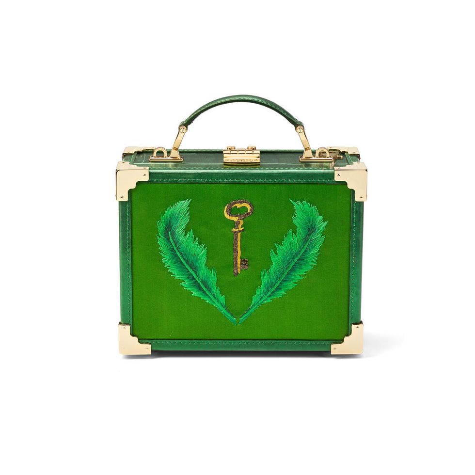 Giles x Aspinal Mini Trunk Green Satin with Embroidered Feather