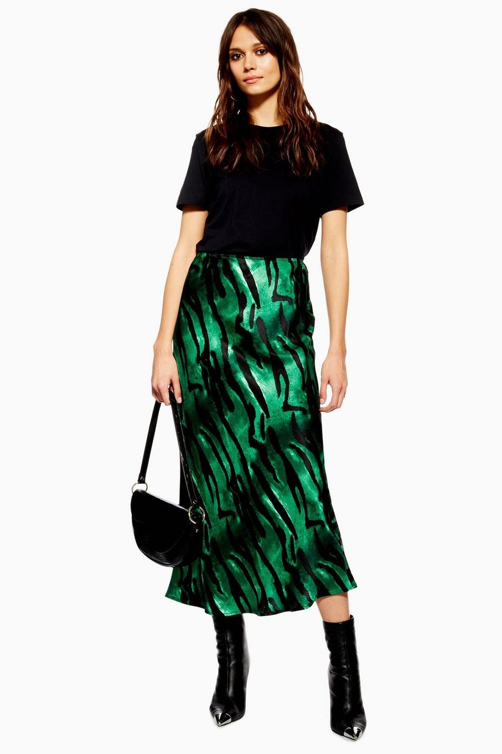 Tiger Print Satin Bias Midi Skirt