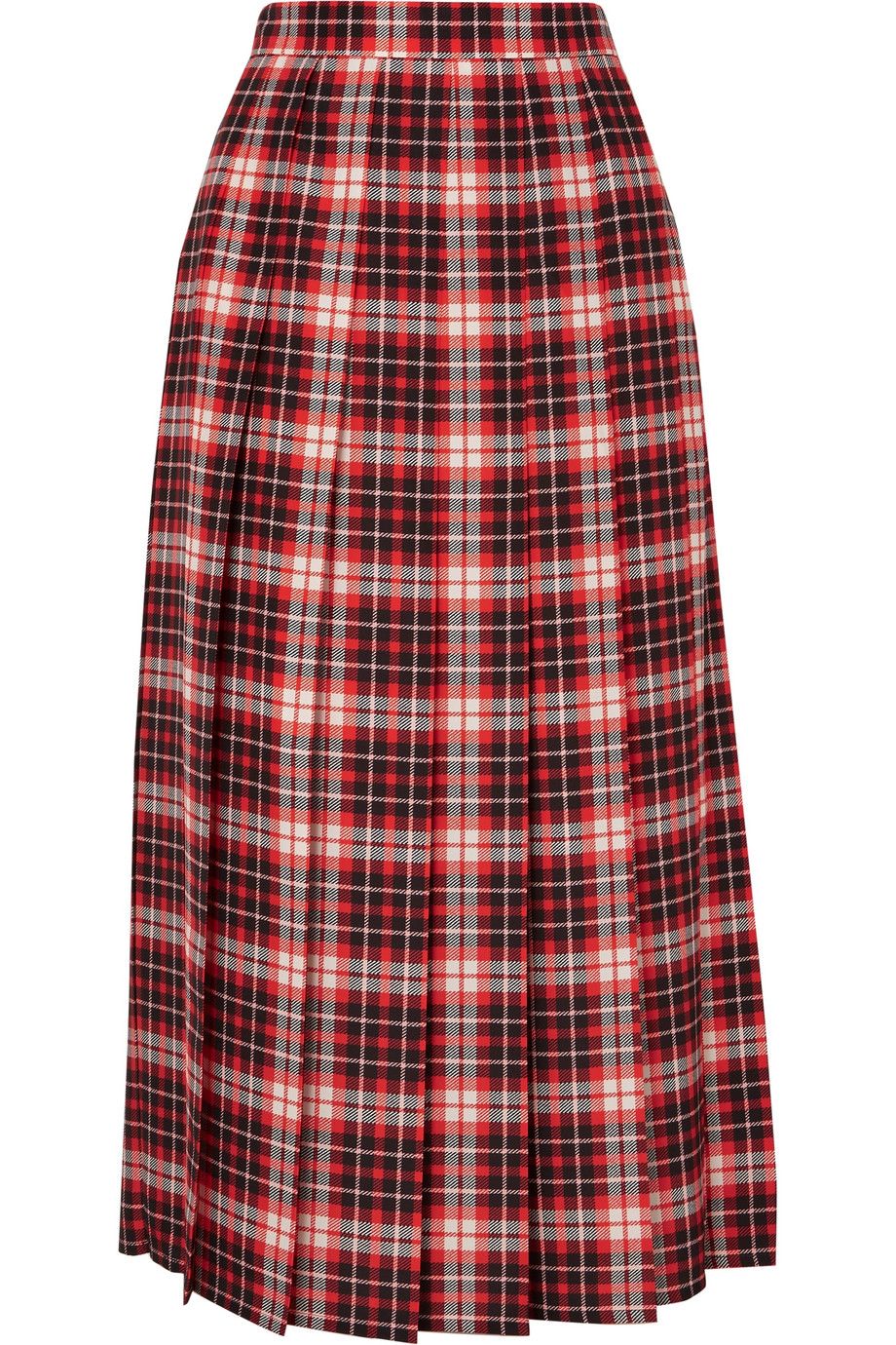 Pleated Tartan Crepe de Chine Midi Skirt